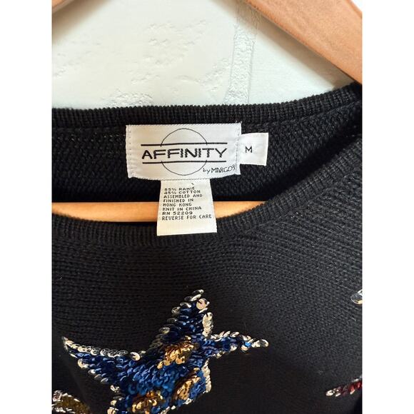 Affinity by Margo's Women's Black Sequin Vintage Holiday Sweater Star Moon sz M - Picture 2 of 6